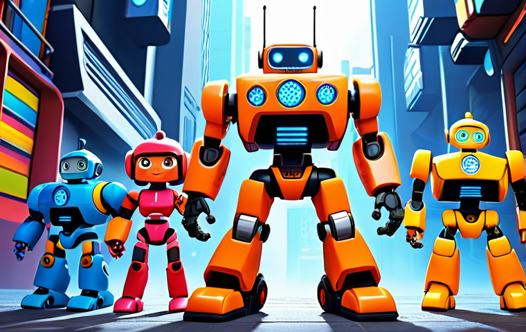 **
Prompt: A group of diverse and expressive Hello Carbot robot characters, each showcasing unique personalities and abilities, standing together in a dynamic pose. The background features a vibrant, action-packed scene that hints at exciting adventures and teamwork. Style: Children's cartoon, bright colors, detailed animation.
**