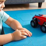 A young child, fully clothed in modest, comfortable attire, intensely focused on transforming a vibrant Hello Carbot toy from vehicle to robot mode on a clean, light-colored play mat in a brightly lit room. The child's hands are carefully manipulating the toy, showing concentration and engagement. The scene emphasizes discovery and problem-solving through play. Professional product photography style, high resolution, soft natural lighting, safe for work, appropriate content, family-friendly, perfect anatomy, correct proportions, natural pose, well-formed hands, proper finger count, natural body proportions.