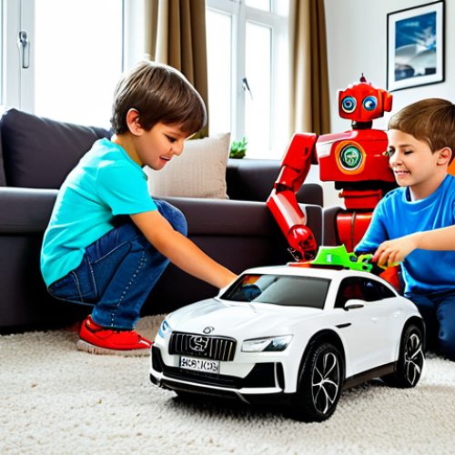 Home 8 **
"A group of children playing with Hello Carbot toys in a brightly lit German living room. Toys include various Carbot robot figures and car models. Safe for work, appropriate content, fully clothed children in everyday attire, professional photography, family-friendly scene, perfect anatomy, natural proportions, high quality."
**