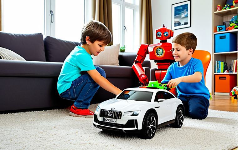 **
"A group of children playing with Hello Carbot toys in a brightly lit German living room. Toys include various Carbot robot figures and car models. Safe for work, appropriate content, fully clothed children in everyday attire, professional photography, family-friendly scene, perfect anatomy, natural proportions, high quality."
**