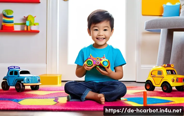 헬로카봇 장난감 구매 가이드 - **Prompt 1: The Magic of First Transformation**
A delighted child, around 5-7 years old, with wi...