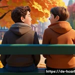 헬로카봇 에피소드별 감동 포인트 - A warm, heartfelt scene from an animated series showing two young friends sitting on a park bench du...