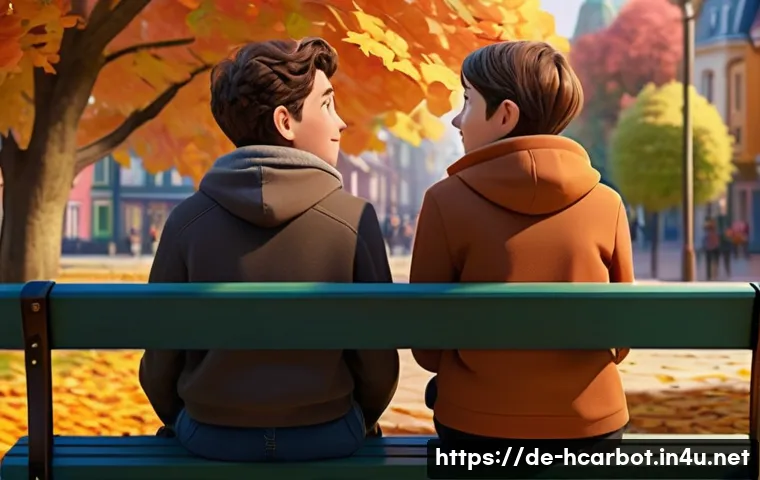 헬로카봇 에피소드별 감동 포인트 - A warm, heartfelt scene from an animated series showing two young friends sitting on a park bench du...