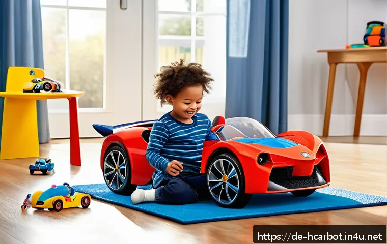 헬로카봇 유아용 완구 인기 순위 - A vibrant playroom scene featuring a young child happily transforming a colorful Hello Carbot robot ...